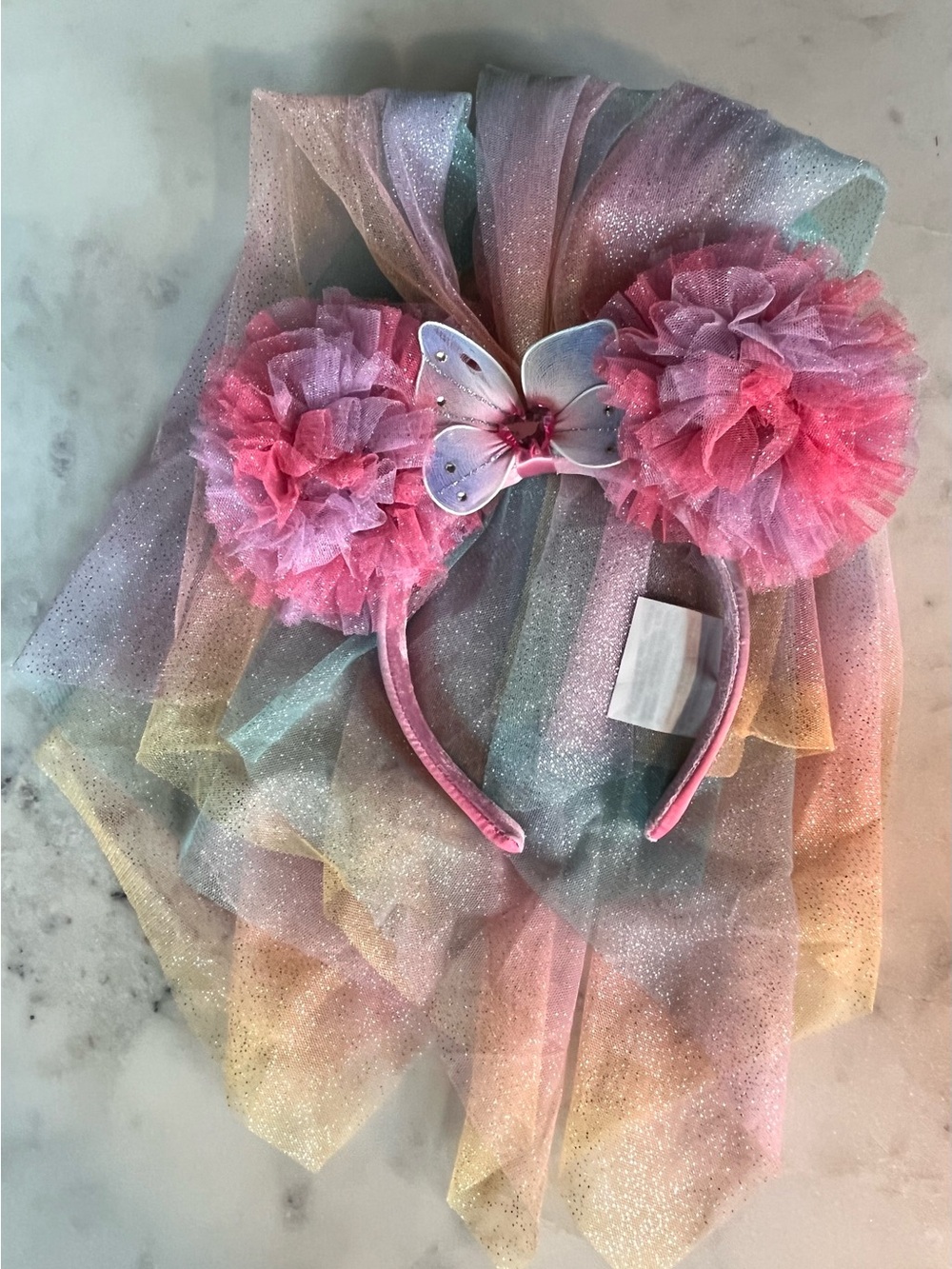 Official Disney Pastel Rainbow Tulle Pom Pom Minnie Ears Headband Veil Butterfly